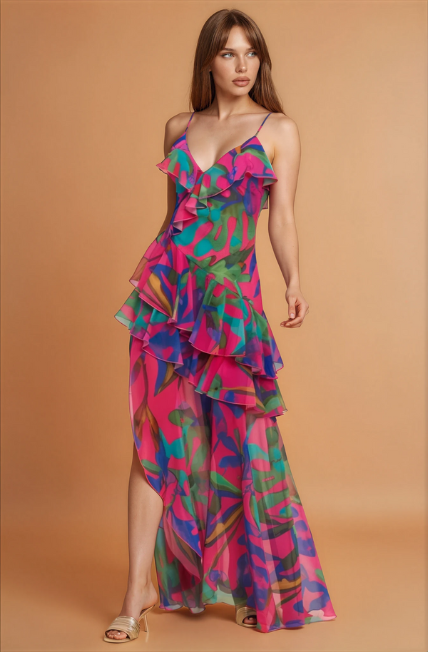 Palm Ruffle Chiffon Maxi