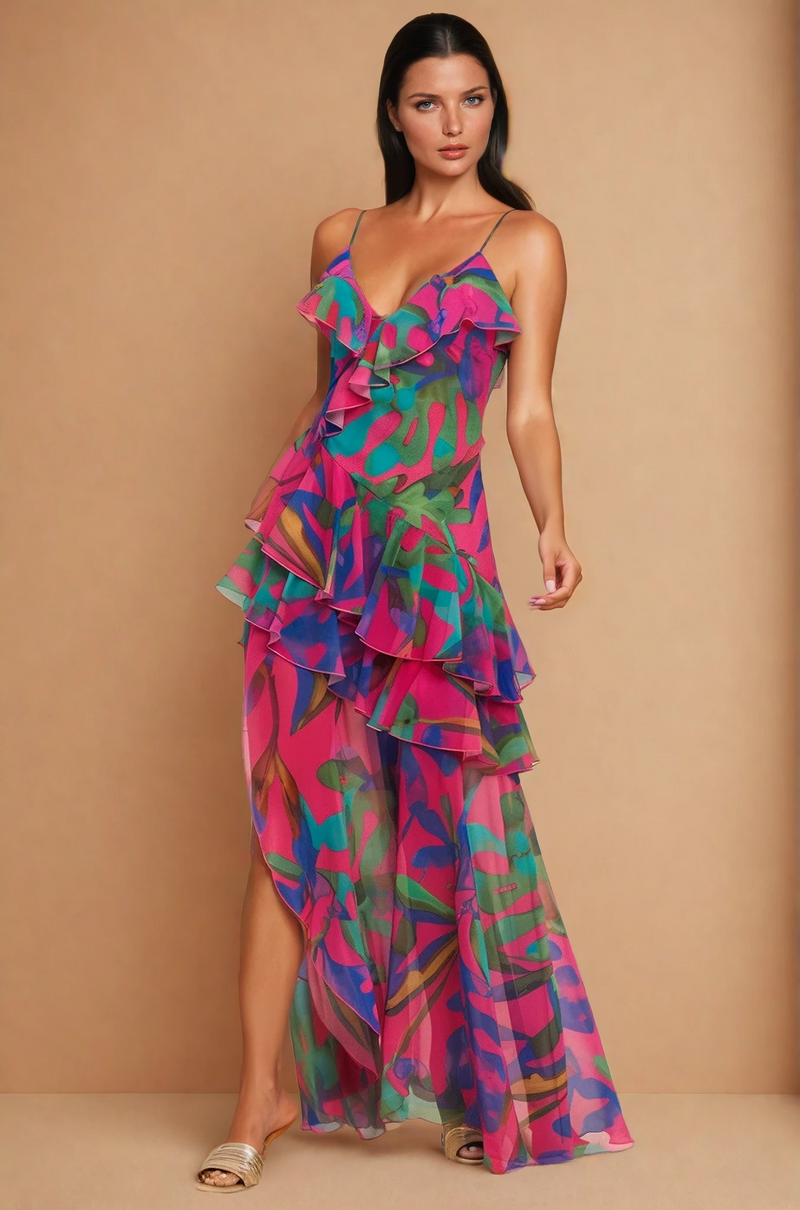 Palm Ruffle Chiffon Maxi