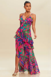 Palm Ruffle Chiffon Maxi