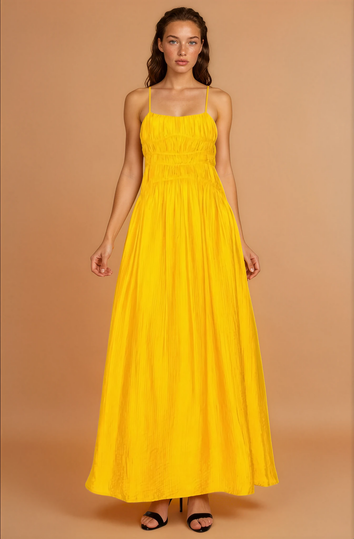 Britney Mustard Ruched Maxi Dress