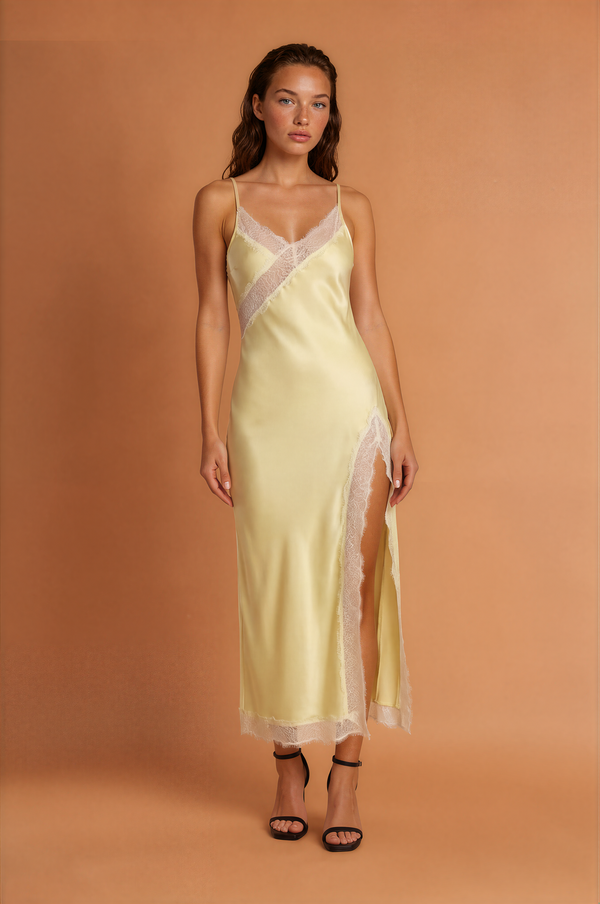 Yellow Satin Lace Strap Dress