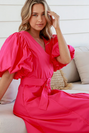 Watermelon V Neck Puff Sleeve Dress
