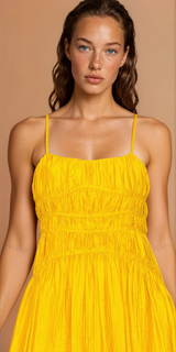 Britney Mustard Ruched Maxi Dress