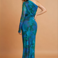 Teal Multi Print One Shoulder Maxi Dress