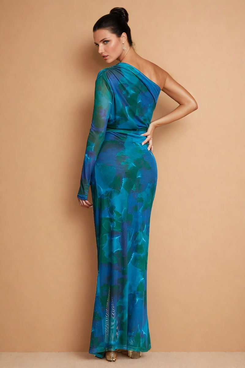Teal Multi Print One Shoulder Maxi Dress