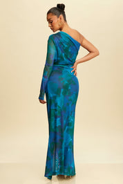 Teal Multi Print One Shoulder Maxi Dress