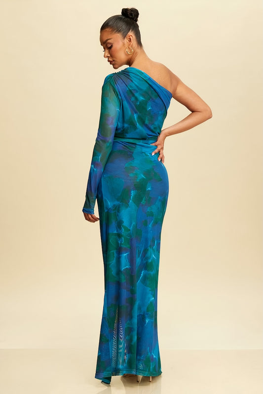 Teal Multi Print One Shoulder Maxi Dress