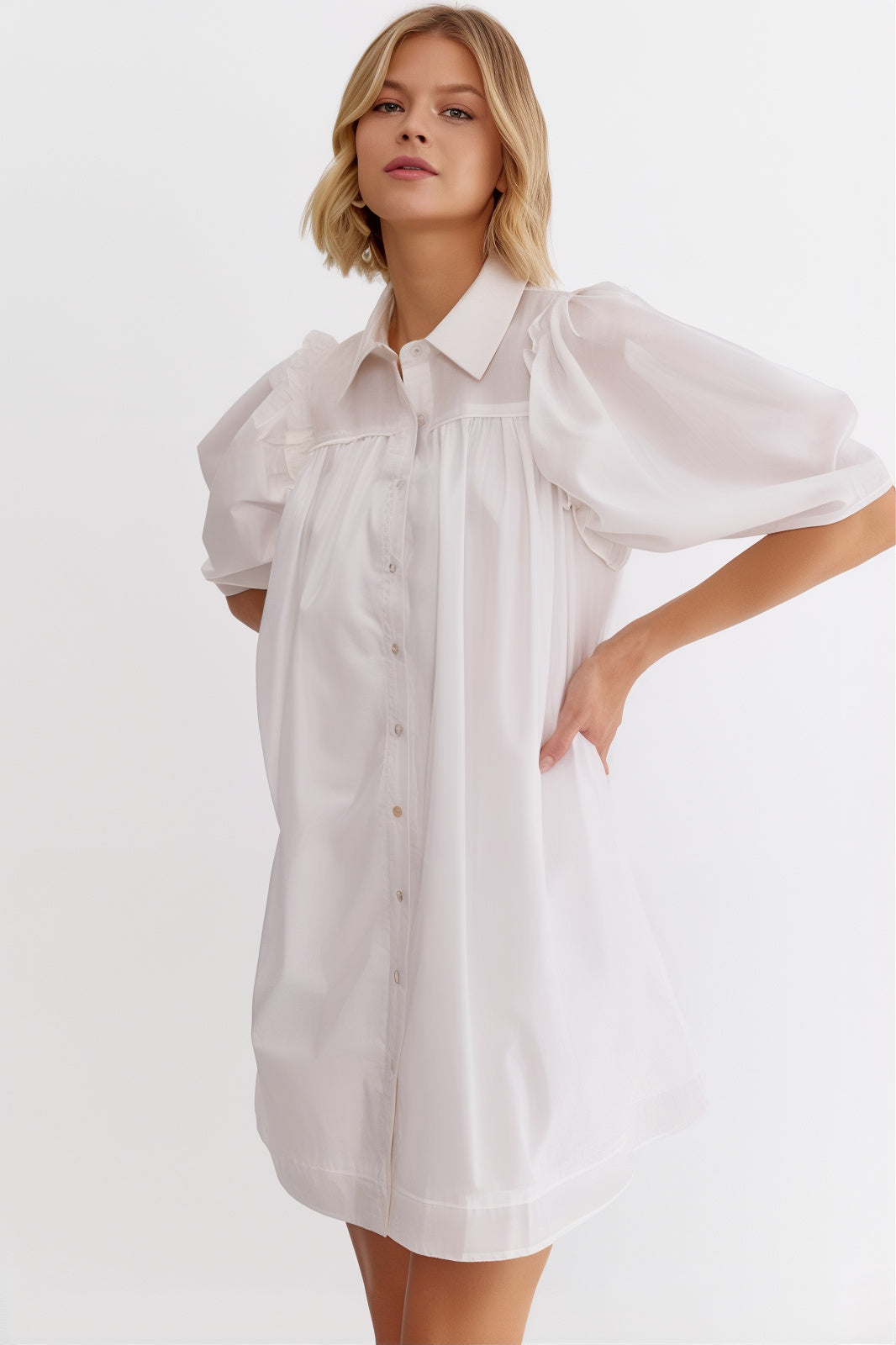 Stevie Puff Sleeve Shirt Dress - White