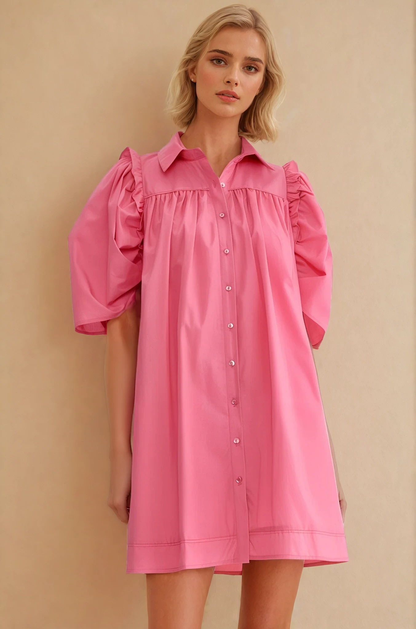 Stevie Puff Sleeve Shirt Dress - Pink
