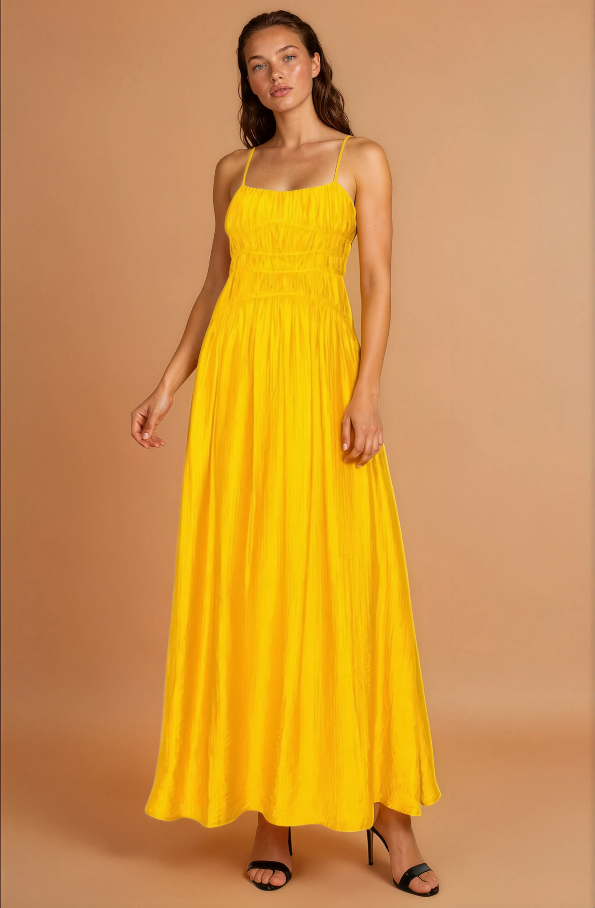 Britney Mustard Ruched Maxi Dress
