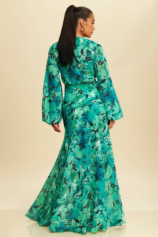 Teal Green Floral Maxi Dress