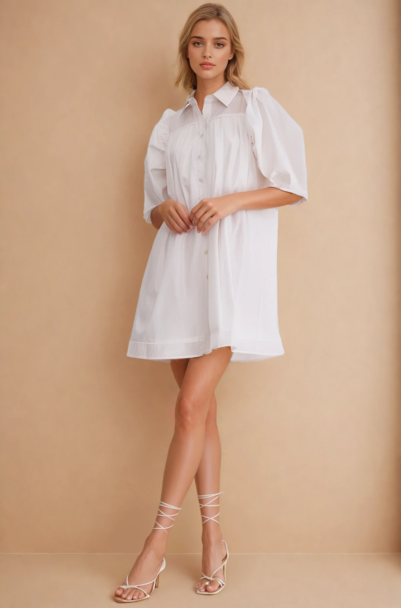 Stevie Puff Sleeve Shirt Dress - White