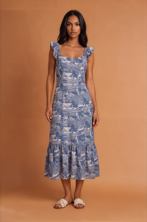 Water Diving Printed Ruffled Midi