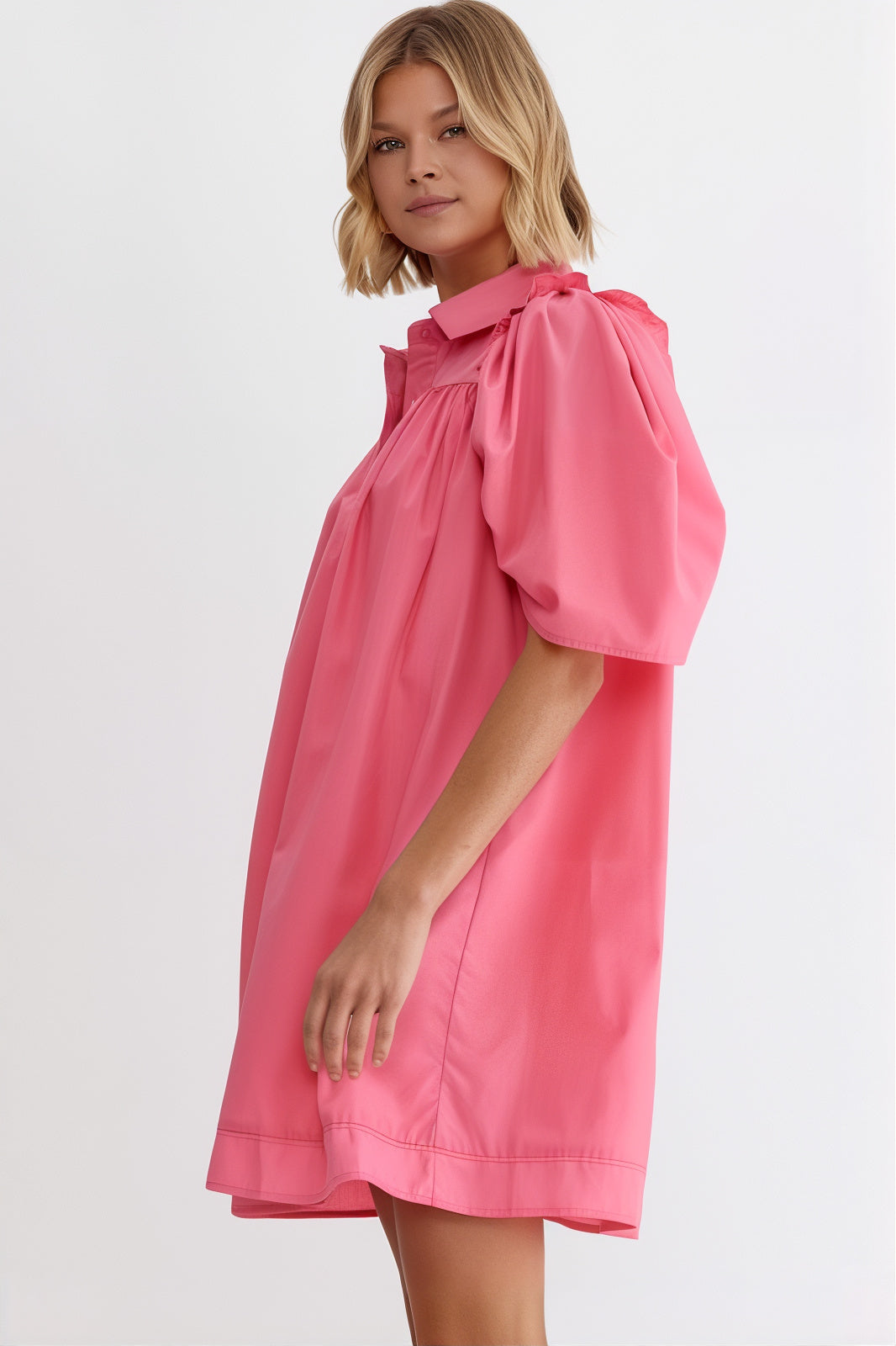 Stevie Puff Sleeve Shirt Dress - Pink
