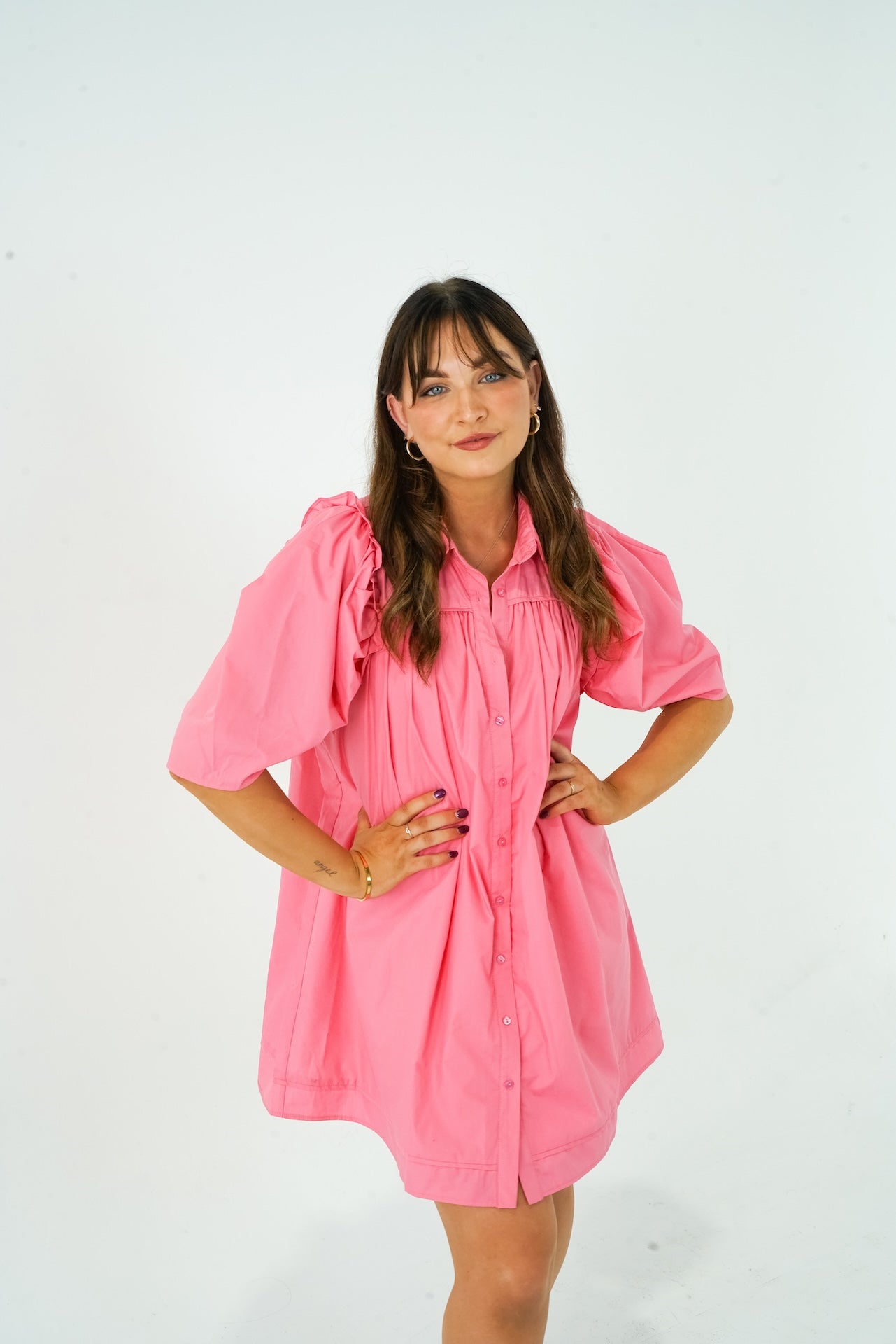 Stevie Puff Sleeve Shirt Dress - Pink