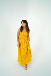 Britney Mustard Ruched Maxi Dress