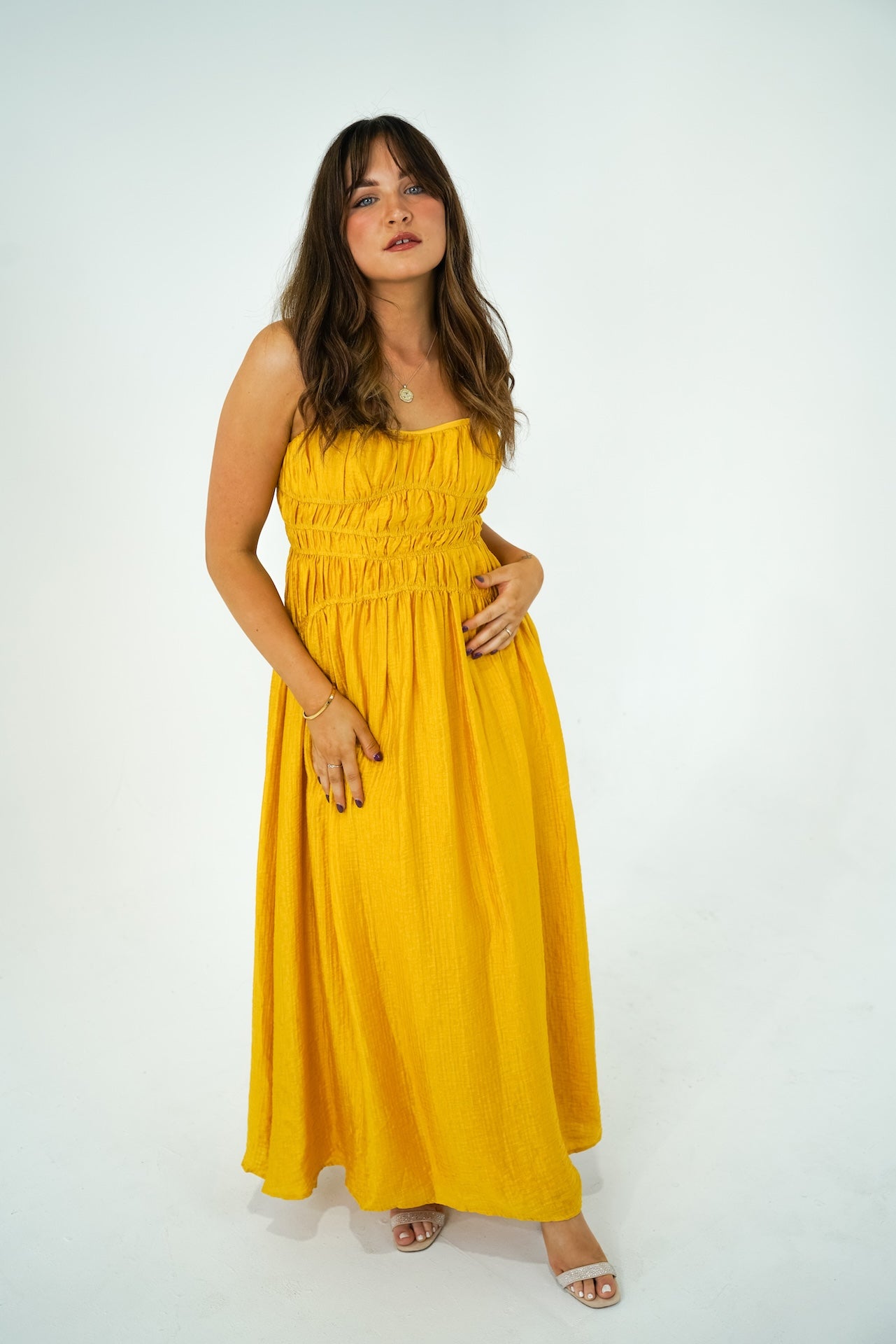 Britney Mustard Ruched Maxi Dress