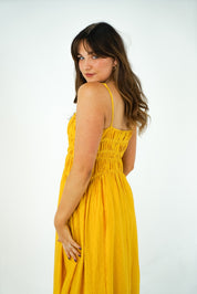 Britney Mustard Ruched Maxi Dress