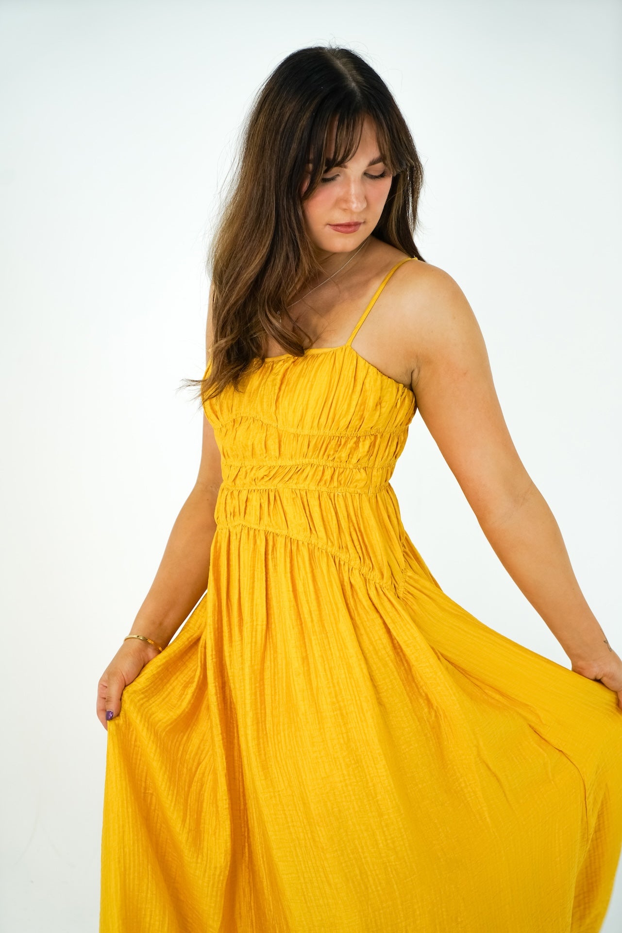 Britney Mustard Ruched Maxi Dress