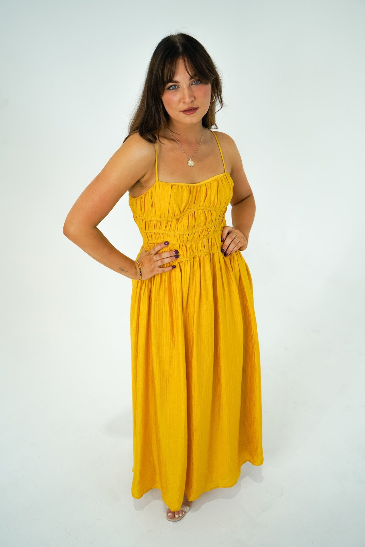 Britney Mustard Ruched Maxi Dress