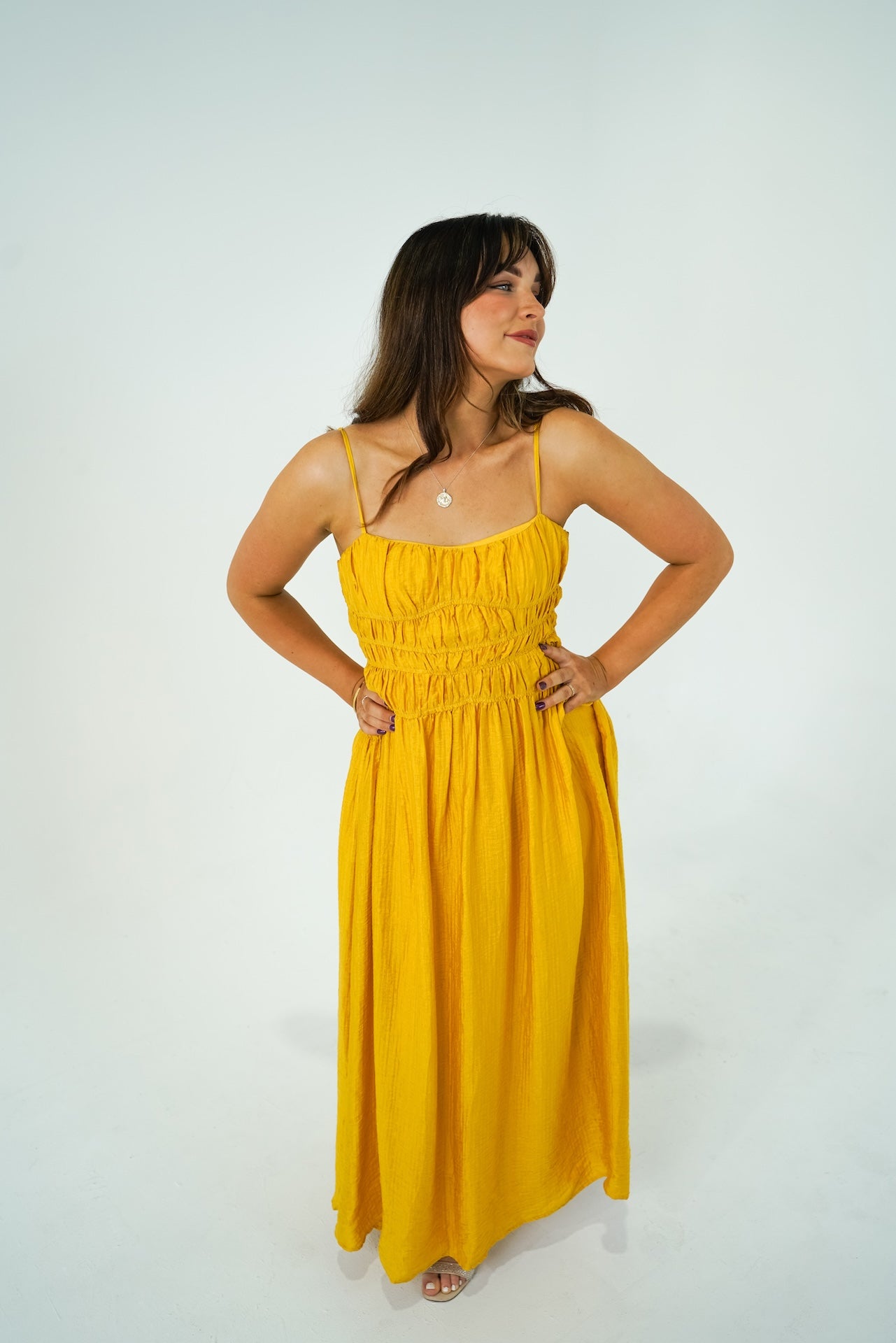 Britney Mustard Ruched Maxi Dress