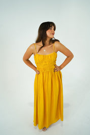 Britney Mustard Ruched Maxi Dress