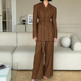 Women Spring Autumn Striped High Grade V neck Long Sleeved Belt Top Wide Leg Pants Two Piece Set