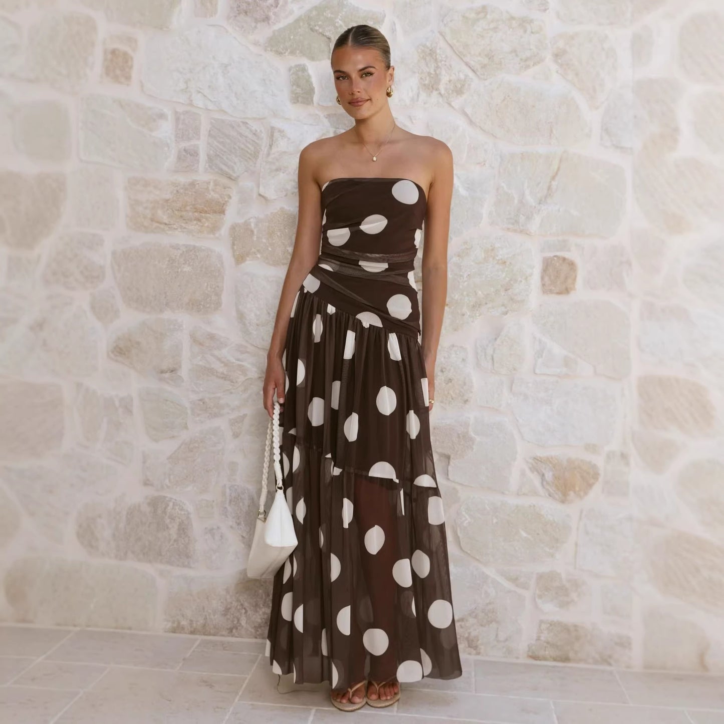 Summer Polka Dot Print Wrapped Chest off Shoulder Mesh Maxi Dress