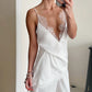 Sexy Low Cut Satin V neck Lace Patchwork Slit Waist Trimming Spaghetti Straps Small Vest Women Elegant All Match