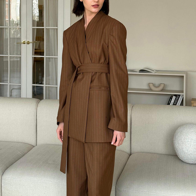 Women Spring Autumn Striped High Grade V neck Long Sleeved Belt Top Wide Leg Pants Two Piece Set