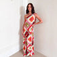 Printed Oblique Shoulder Lace up Elegant French Maxi Dress Ladies Dress