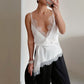 Sexy Low Cut Satin V neck Lace Patchwork Slit Waist Trimming Spaghetti Straps Small Vest Women Elegant All Match