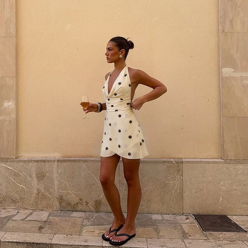 Summer French Retro V neck Slim Fit Slimming Polka Dot Brace Dress