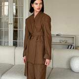 Women Spring Autumn Striped High Grade V neck Long Sleeved Belt Top Wide Leg Pants Two Piece Set