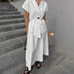 White Short Sleeved Lace up Women Design Waistcoat Mid Length White Shirt A line Skirt Two Piece Set