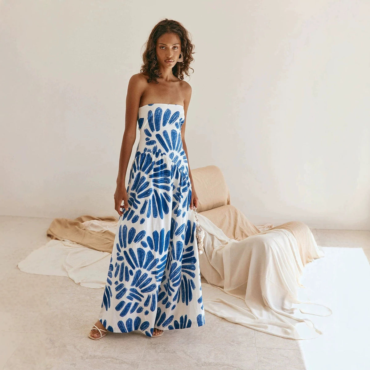 Women Dress Printed Vacation French Wrapped Chest Slim Sexy Maxi Dress