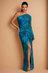 Teal Multi Print One Shoulder Maxi Dress