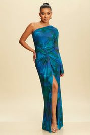 Teal Multi Print One Shoulder Maxi Dress