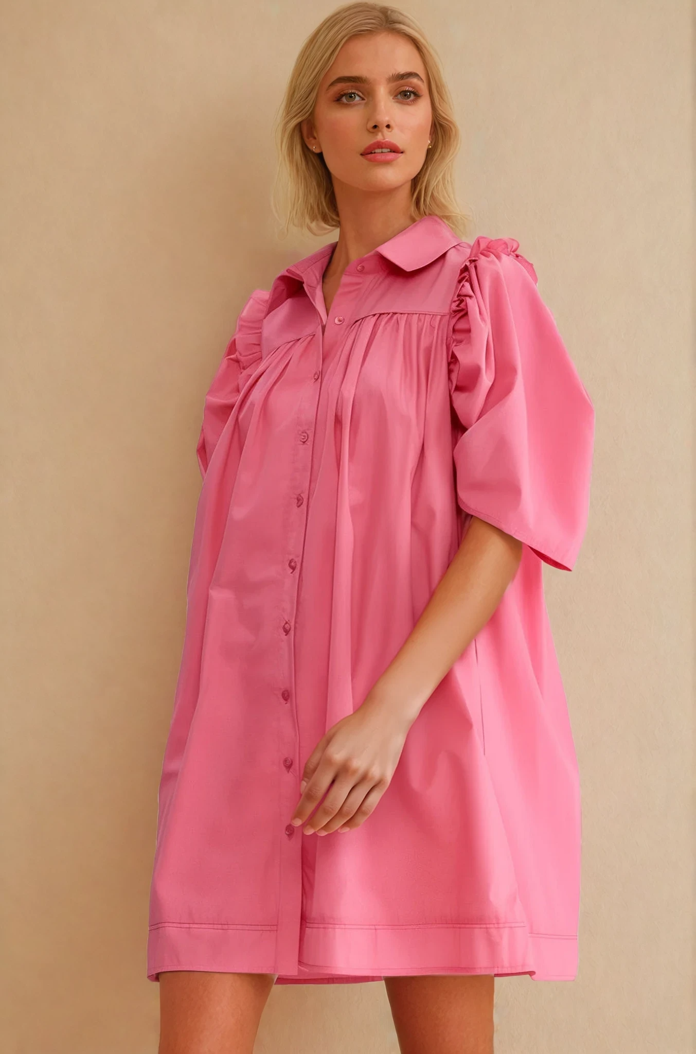 Stevie Puff Sleeve Shirt Dress - Pink
