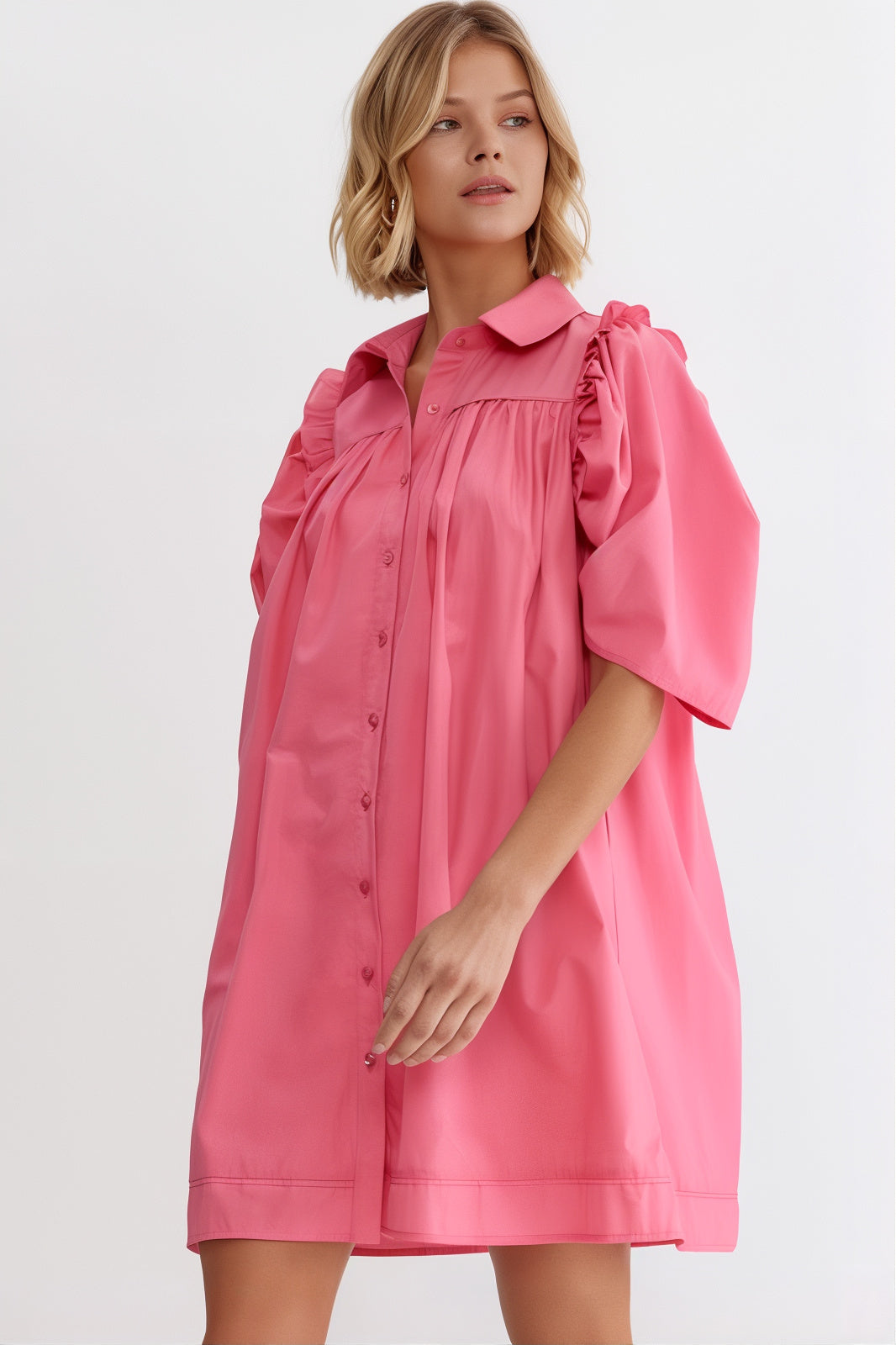 Stevie Puff Sleeve Shirt Dress - Pink