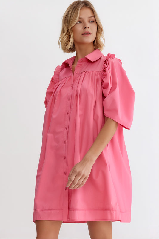 Stevie Puff Sleeve Shirt Dress - Pink