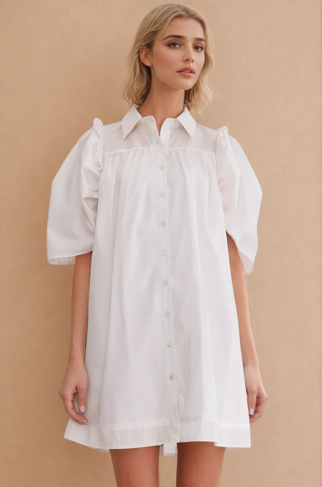 Stevie Puff Sleeve Shirt Dress - White