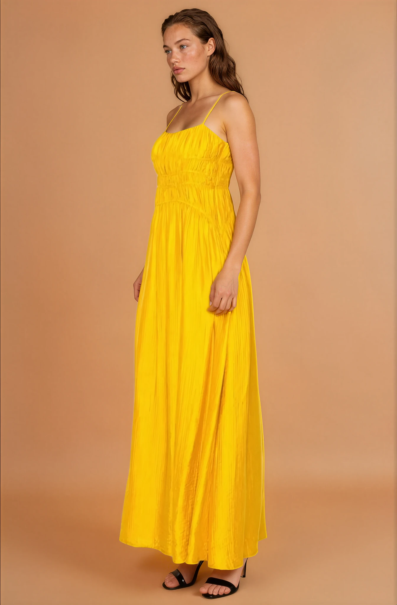 Britney Mustard Ruched Maxi Dress
