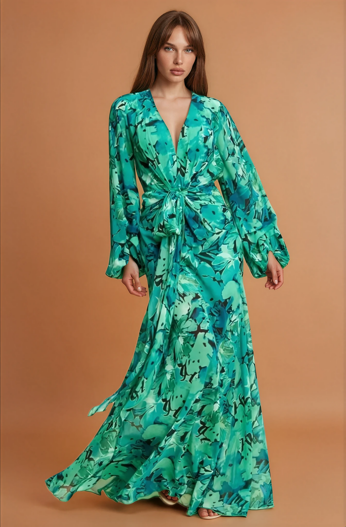 Teal Green Floral Maxi Dress