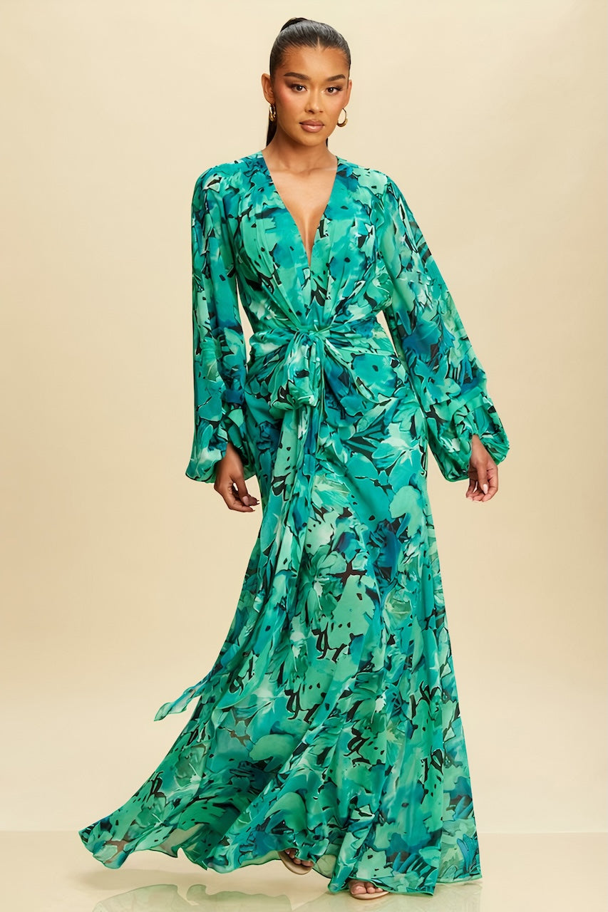 Teal Green Floral Maxi Dress