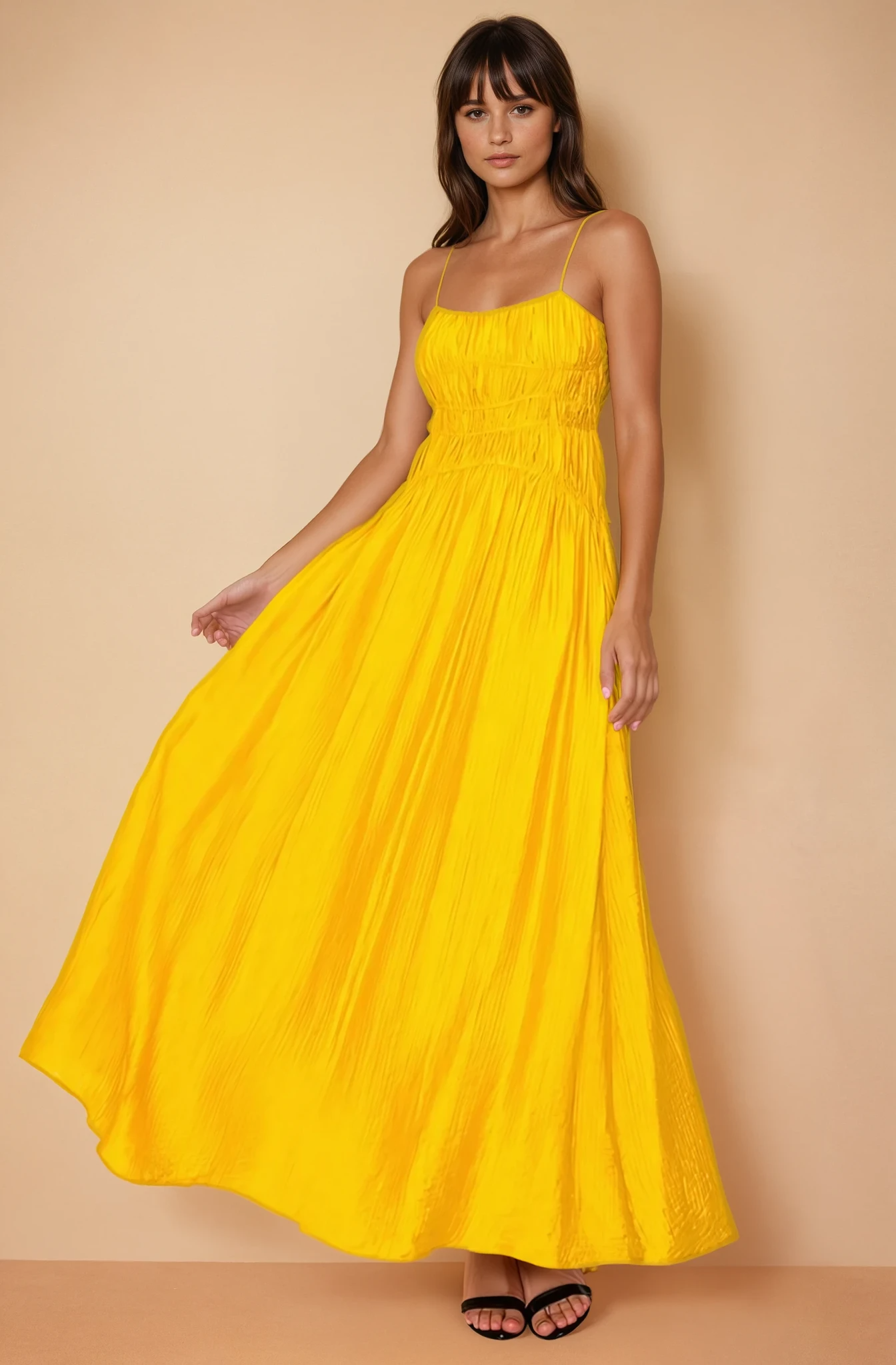 Britney Mustard Ruched Maxi Dress