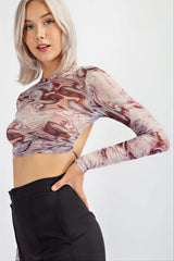 Marble Mesh Print Crop Top with Open Back