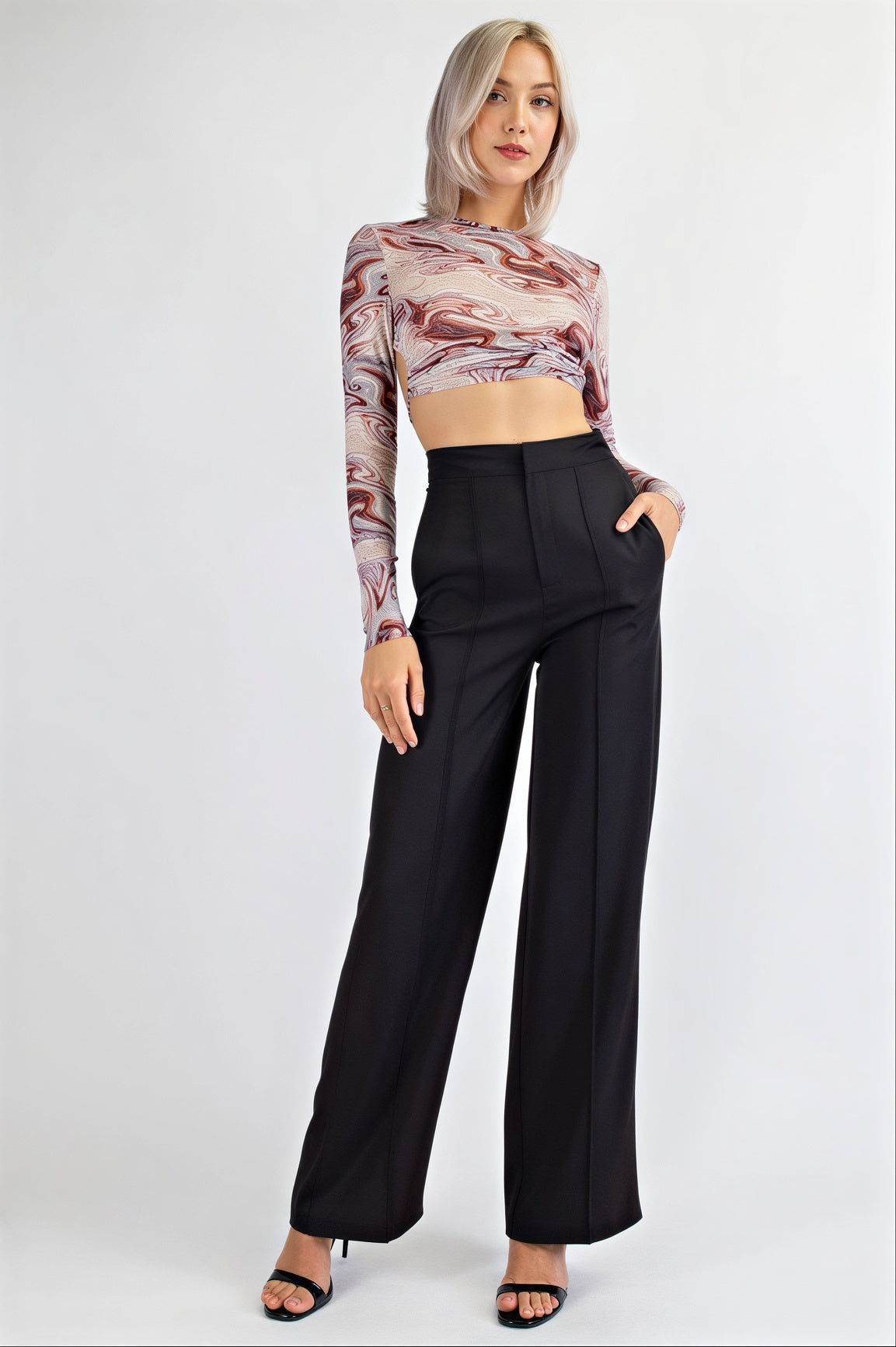 Marble Mesh Print Crop Top with Open Back