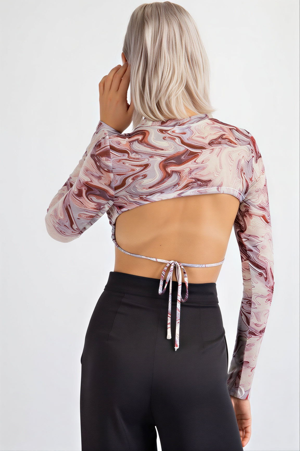 Marble Mesh Print Crop Top with Open Back