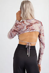 Marble Mesh Print Crop Top with Open Back